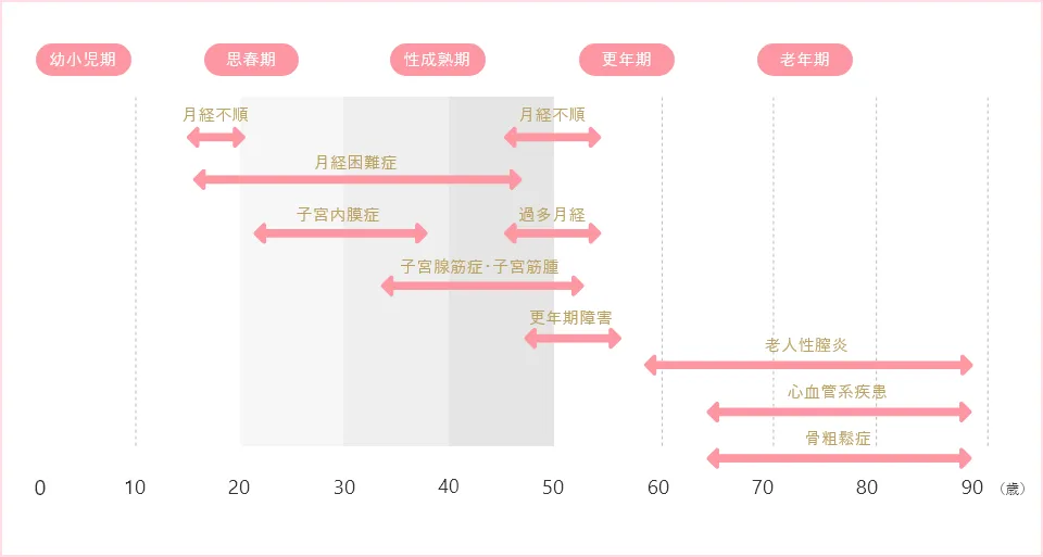 成長と共に訪れる女性特有の症状を表したグラフ